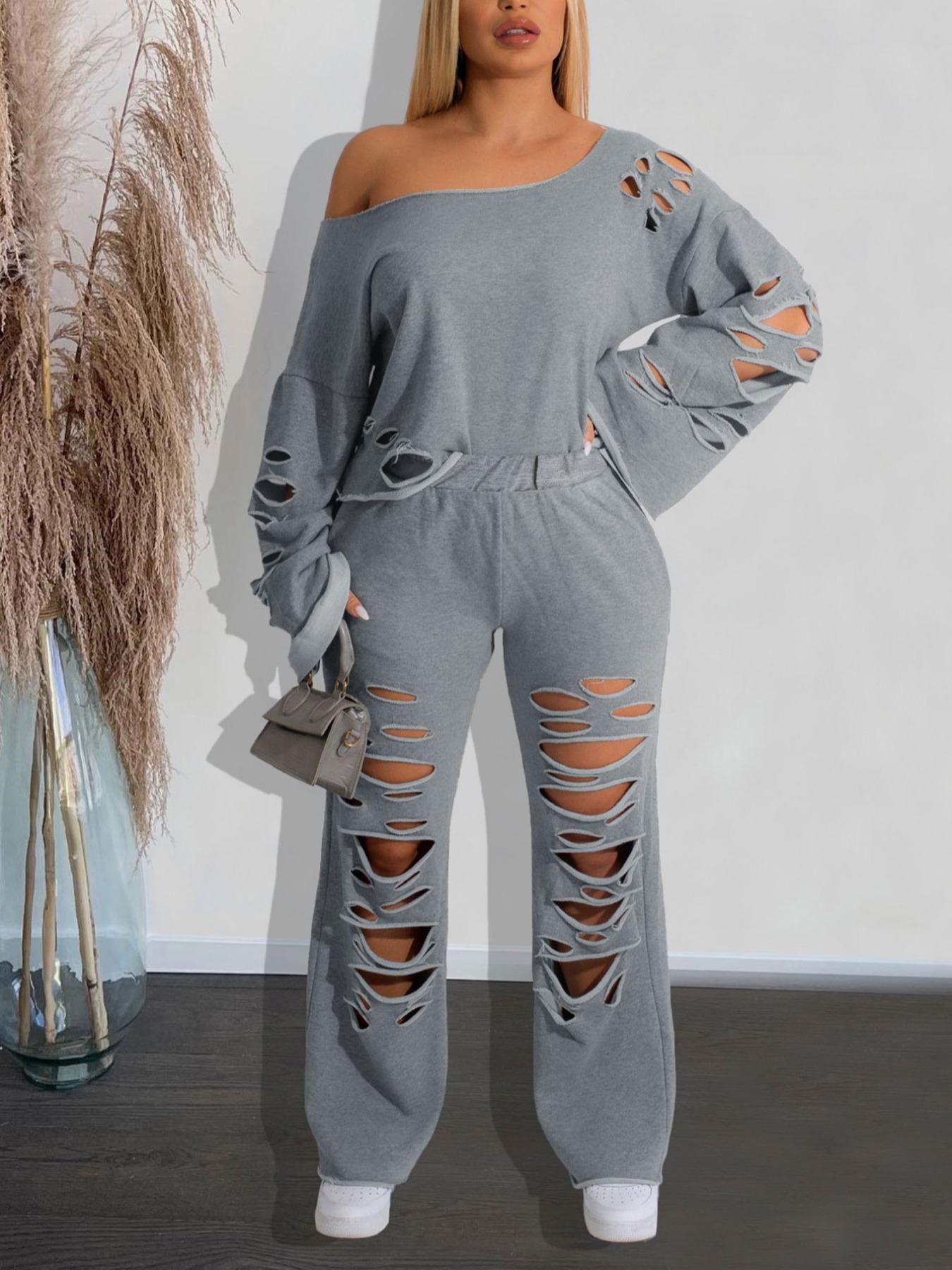 Women's Ripped Asymmetrical Neck Jersey Pullover & Wide Leg Pants Set, Solid Drop Shoulder Top & Ripped Trousers Set, Fashion Cozy Outfits for Daily Wear, Co-ord Sets for Women, Sweatsuit Set Outfit, Clothes