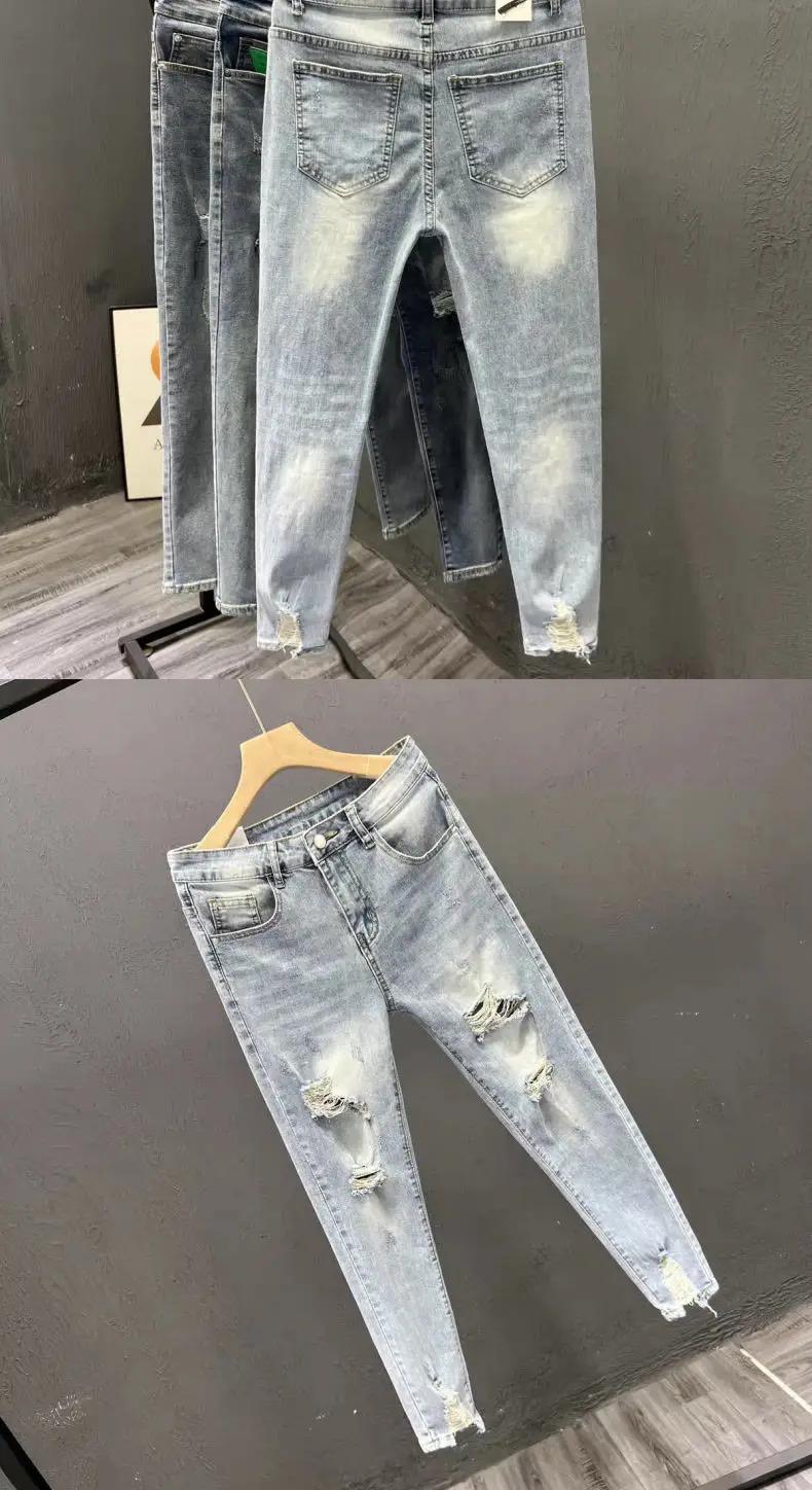 Luxury Fashion Designer Clothes Ripped Jeans Men's Trendy Brand Summer Ruffian Handsome Slim-fit Pants Elastic Thin Pants