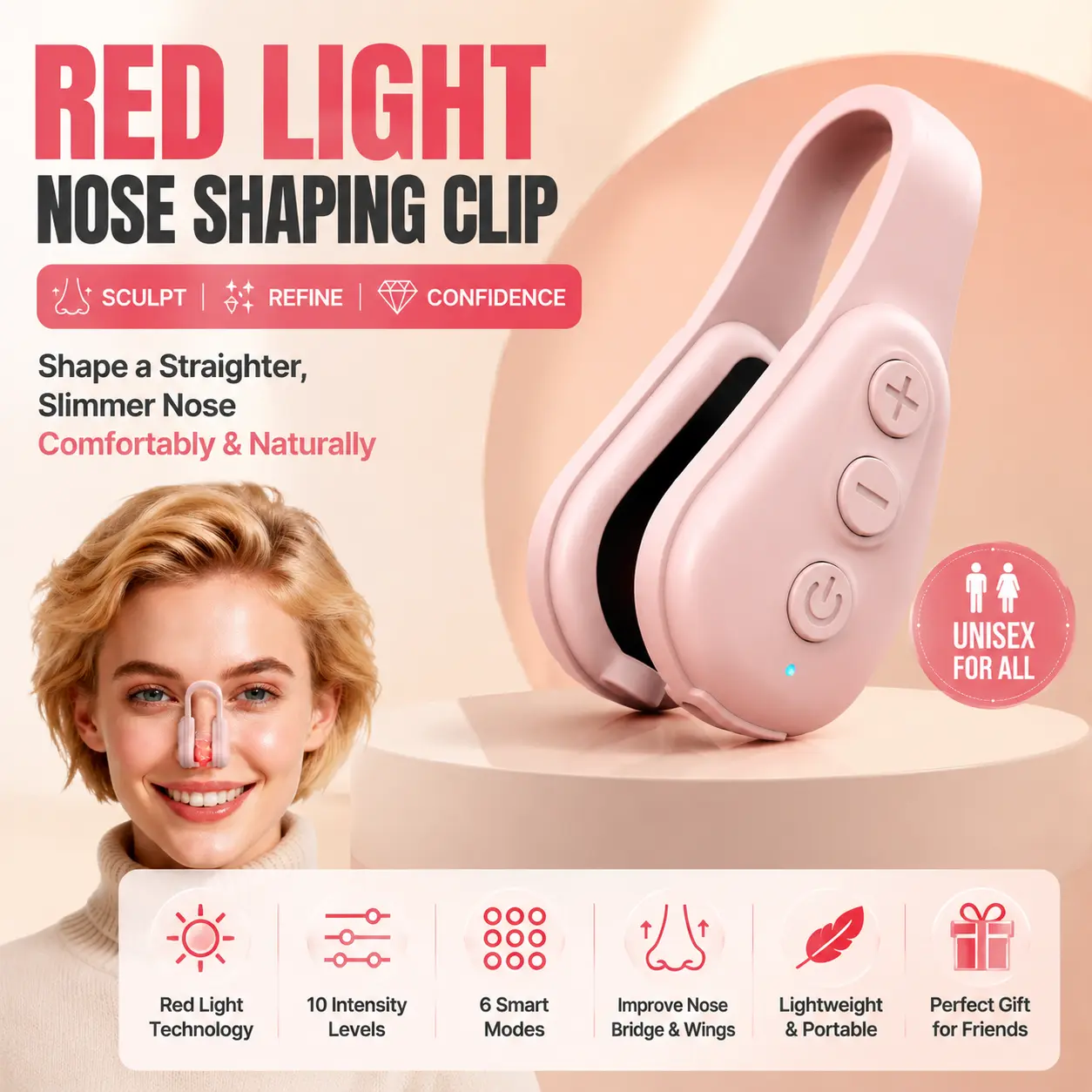 Women's Gentle Silicone Rechargeable Red Light Nose Contouring Clip - Single Unit Advanced Nose Bridge Shaper, Multiple Modes, Adjustable Strength, Lightweight for Daily Home Beauty Routine & Collagen Boost