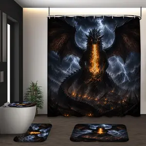 LVRLVR 4Pcs Fire Breathing Black Dragon Thunder Mountain Dark Fantasy Print Cool Black Orange Tone Shower Curtain Set 70.8×70.8 Inch