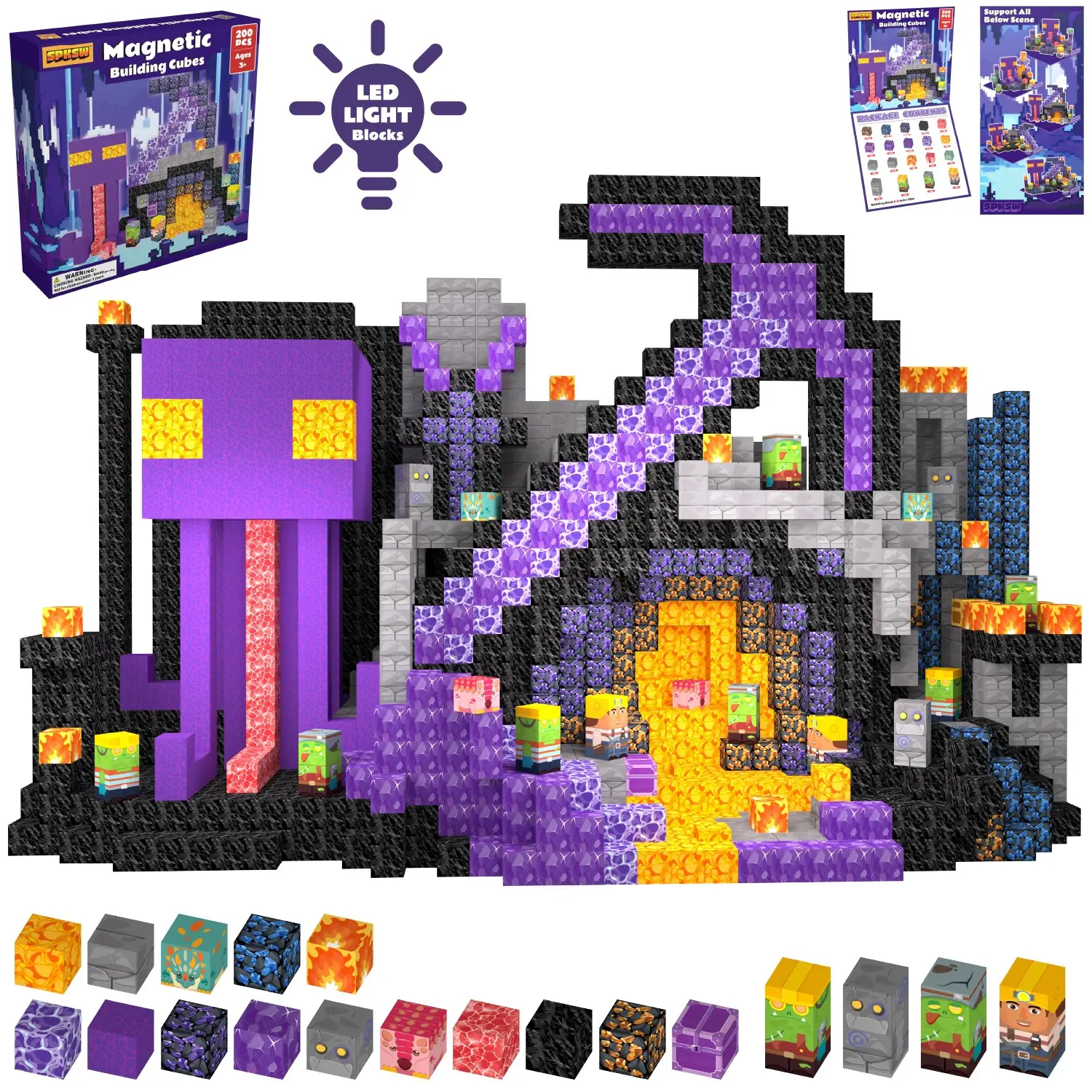 My Magnetic World Mine - Mining Building Blocks, 100/200pcs, Purple Mine Series, STEM Montessori Sensory Toy, some blocks light up, suitable for boys and girls, Christmas gift, boyfriend gift, outdoor fun magnetic building blocks.