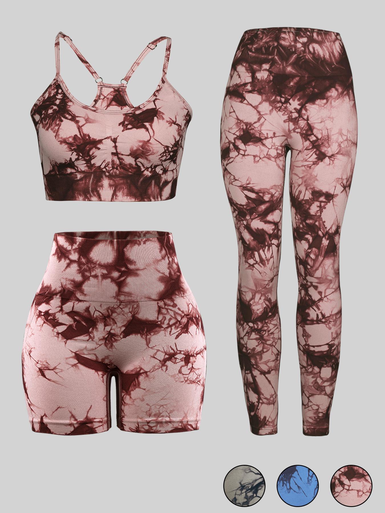 Women's Tie Dye Print Crop Sports Bra & High Waist Leggings & Skinny Shorts Yoga Tracksuit Set, Breathable Sweat-absorbing Gym Workout, Ladies Sportswear for All Seasons, Workout Sets Women