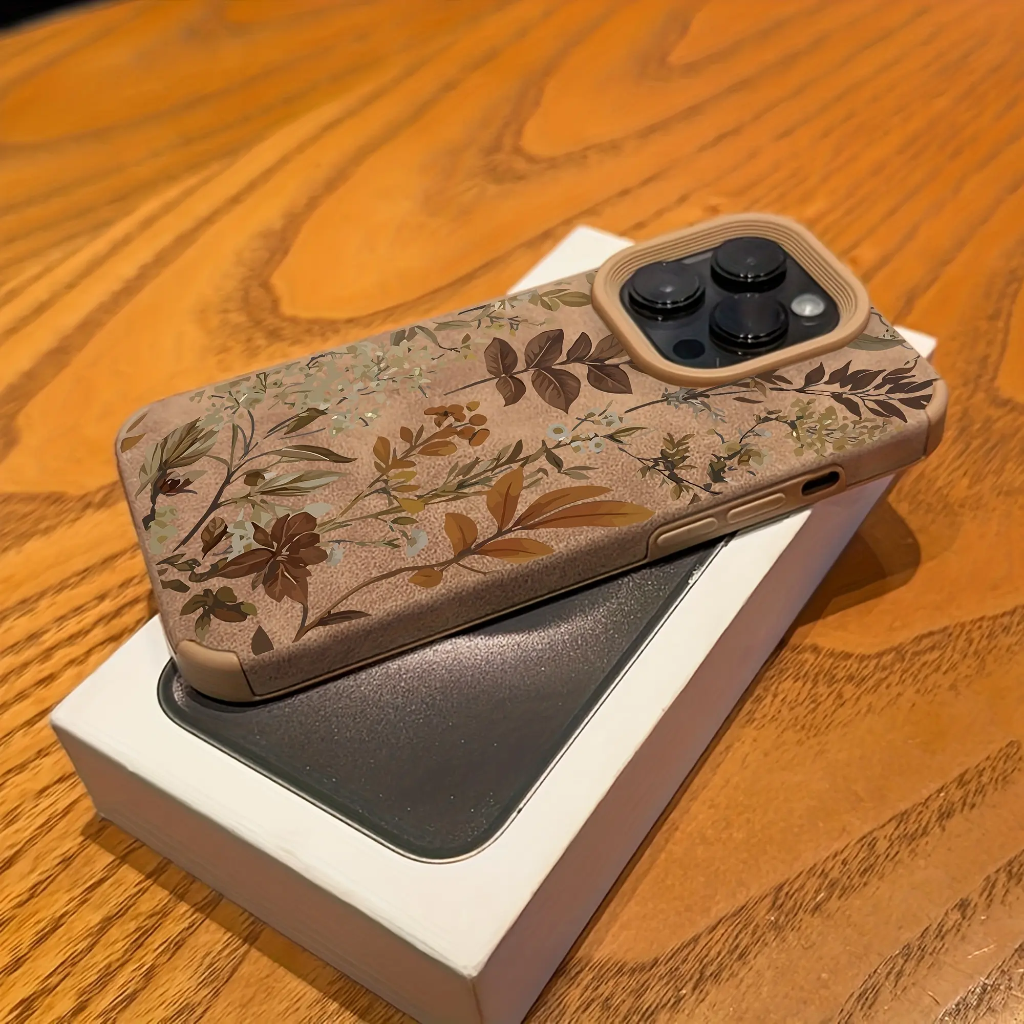 Vintage Autumn Floral Leaf Faux Leather Smartphone Casing Cover for iPhone Series - Multi-Model Fit for X/XS/XR/11/12/13/14/15/16/17 Pro Max, Protective, Shockproof Brown Suede Accessory with Raised Lens Protector, Screen Protector Compatible