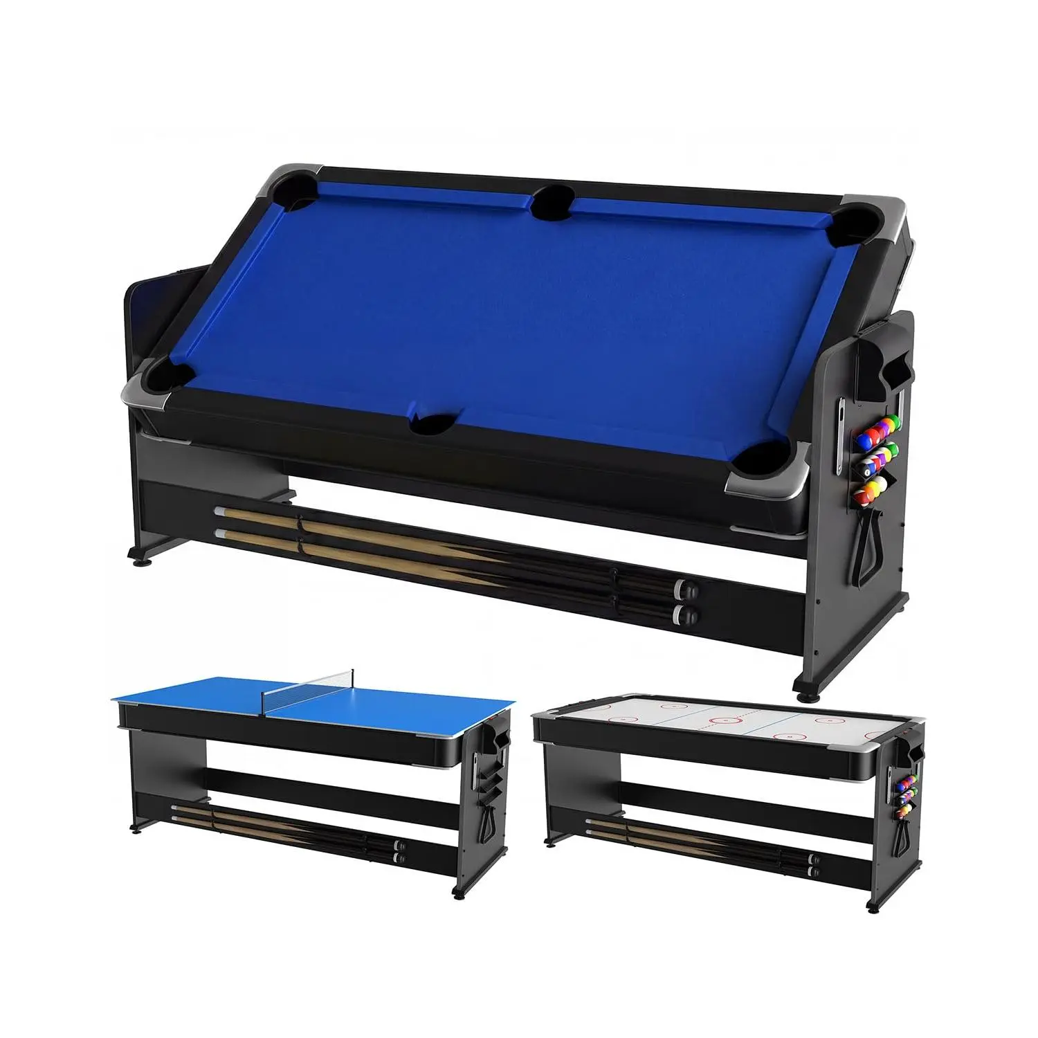 3-in-1 Rotating 7ft Game Table, Air Hockey, Pool and Table Tennis Combo, Powerful Airflow, Easy Turnover Top, Built-in Storage with Full Accessories for Game Room, Basement & Family Entertainment
