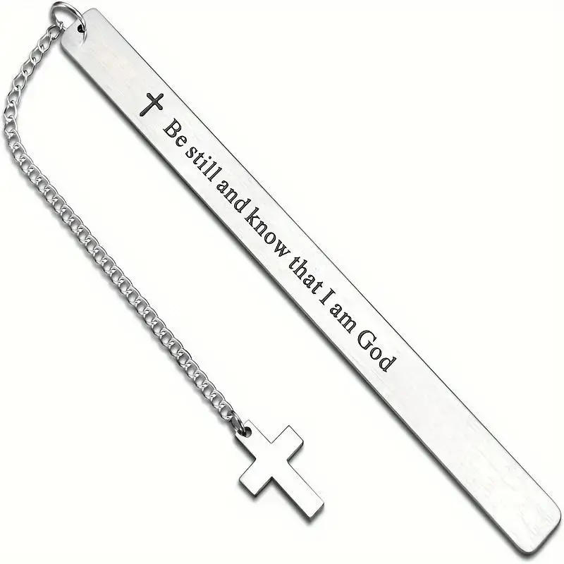 Slim Engraved Cross-Shaped Stainless Steel Bookmark with Attached Chain, Devotional Religious Gift for Book Lovers, Bible Reading Fashion Accessory for Women and Men, Inspirational, Cross Bookmark, Engraved Detail, Easy Placement And Removal, One-Size