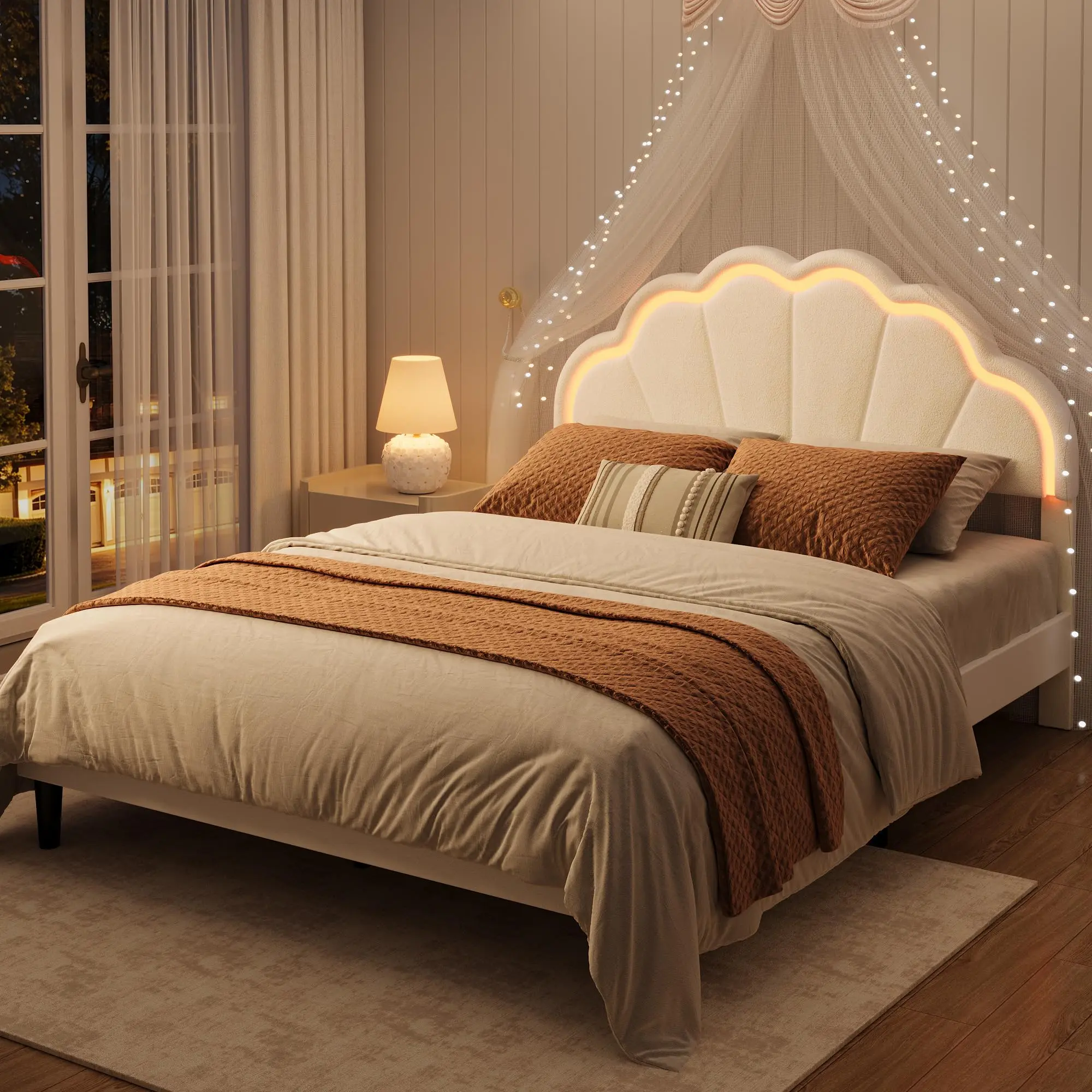 [SummerSale] Velvet Upholstered Platform Bed Frame, Adjustable Seashell Headboard with LED Lights, Under Bed Storage Space, Noise-Free Slat Support/Modern Bedroom Furniture/Multiple Sizes Available/Best Gift Ideas/Housewarming Gifts,sohochic