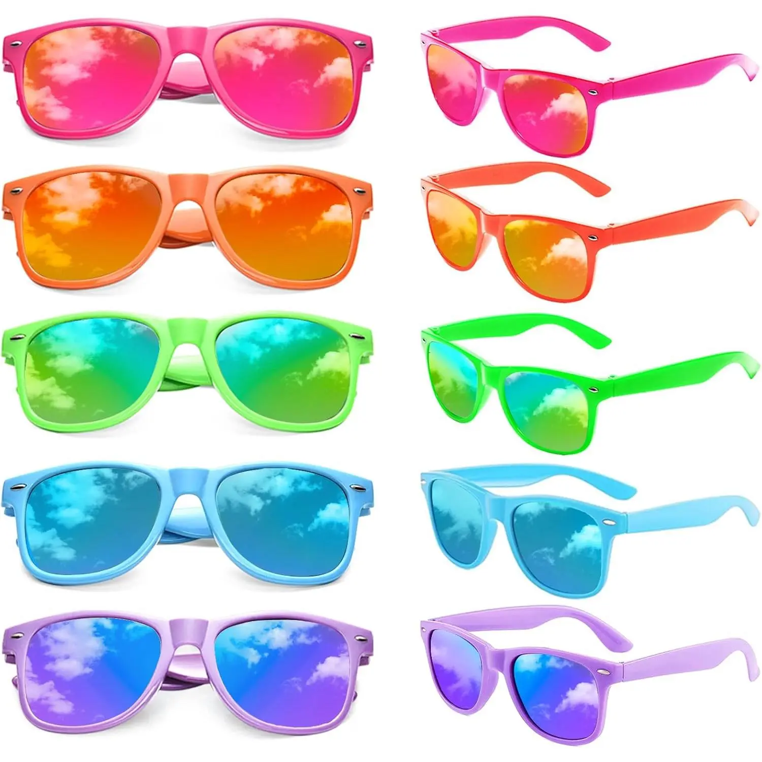 10/18 Pack Neon Colors Party Sunglasses Mirrored lens Colored Glasses Bulk Retro Shades for Unisex Adults Teens