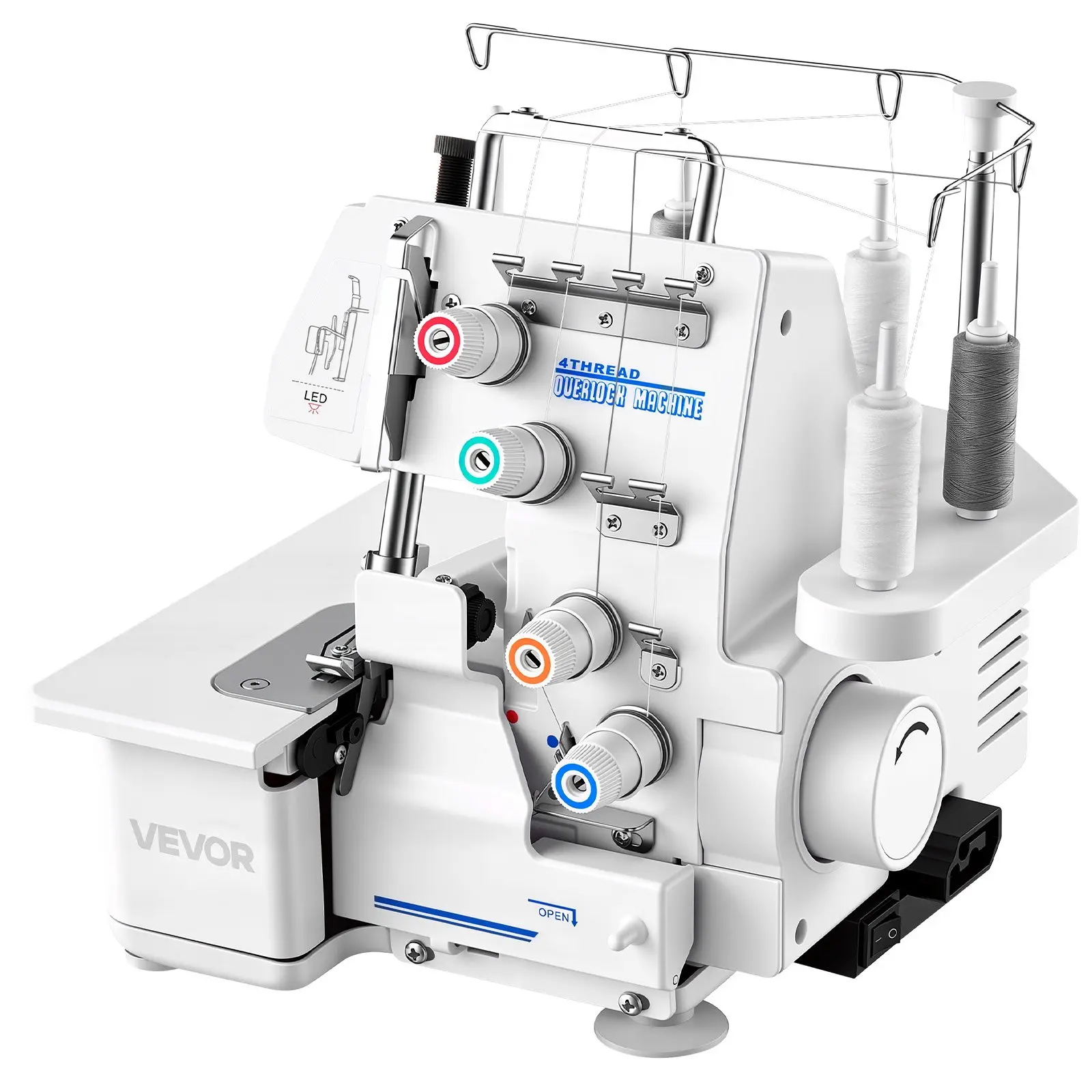 VEVOR Heavy-Duty Metal Frame Serger Overlock Sewing Machine, 1250 Stitches/Min, 3/4 Threads Capability, 112W Motor, 17.75 lbs, LED Light, Strong Suction Feet, Lettuce/Rolled Hem, White for Various Fabrics