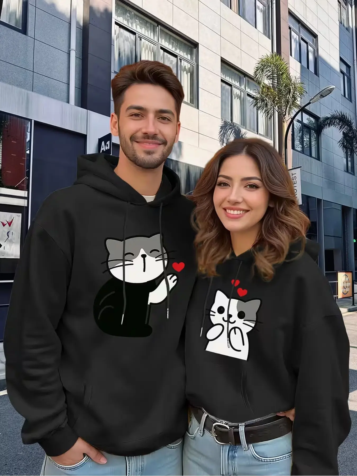 2Pcs Casual commute couple hoodies with moderate loose cut, easy-care machine washable tops, comfortable for home office and outdoor jogging for couples.