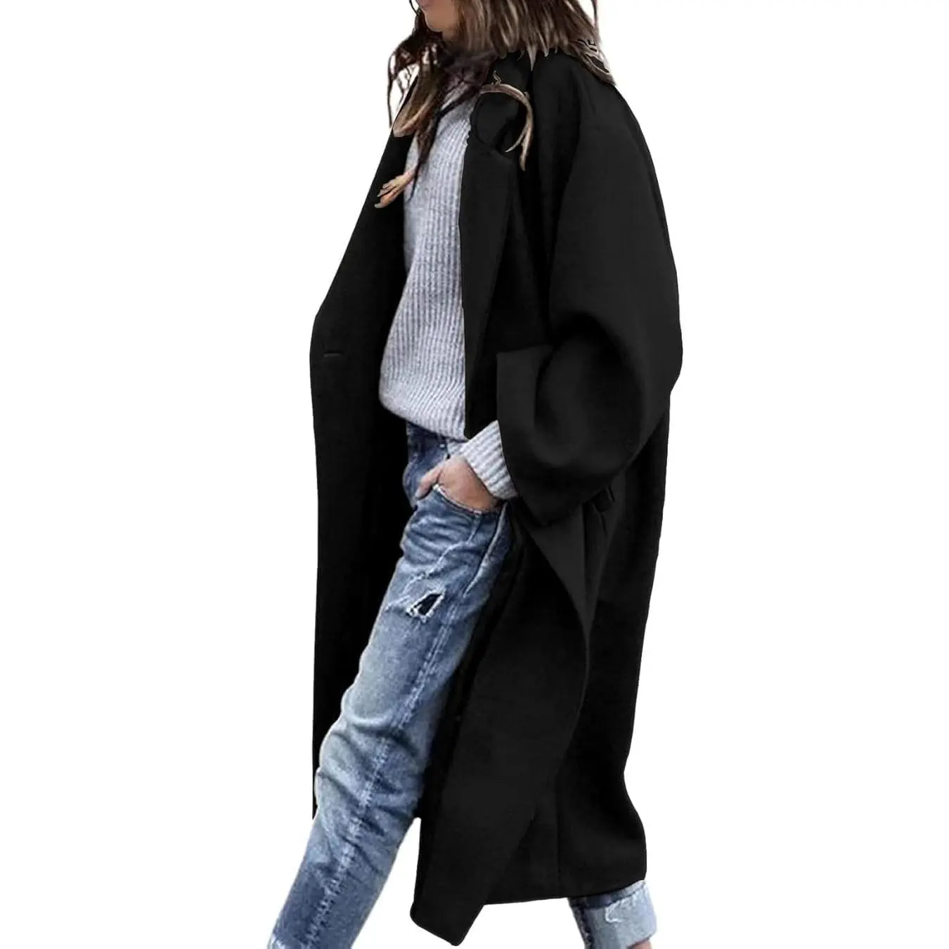 Women's Winter Pea Coat Notch Lapel Single Breasted Oversized Long Casual Wool Blend Overcoat