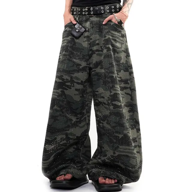 Trendy Rhinestone Camouflage Wide-Leg Jeans, Vintage Street Style Drapey Casual Pants, Y2K Millennium Style Rhinestone Camouflage Curved Pants, Unisex Sparkling Rhinestone Camouflage Work Pants, Couple'S Style