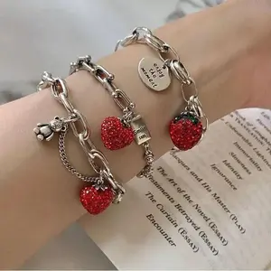 Women's Silver Thick Chain Bracelet with Sparkling Strawberry Zircon Charm - Sporty Protective Gear, Trendy Party Jewelry, Stylish Daily Wear Accessory