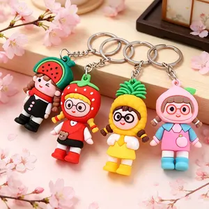 Cute Fruit Girl Silicone Keychain, Braided Hair Doll Pendant, Strawberry Pineapple Watermelon Peach Design, Bag and Car Key Decoration