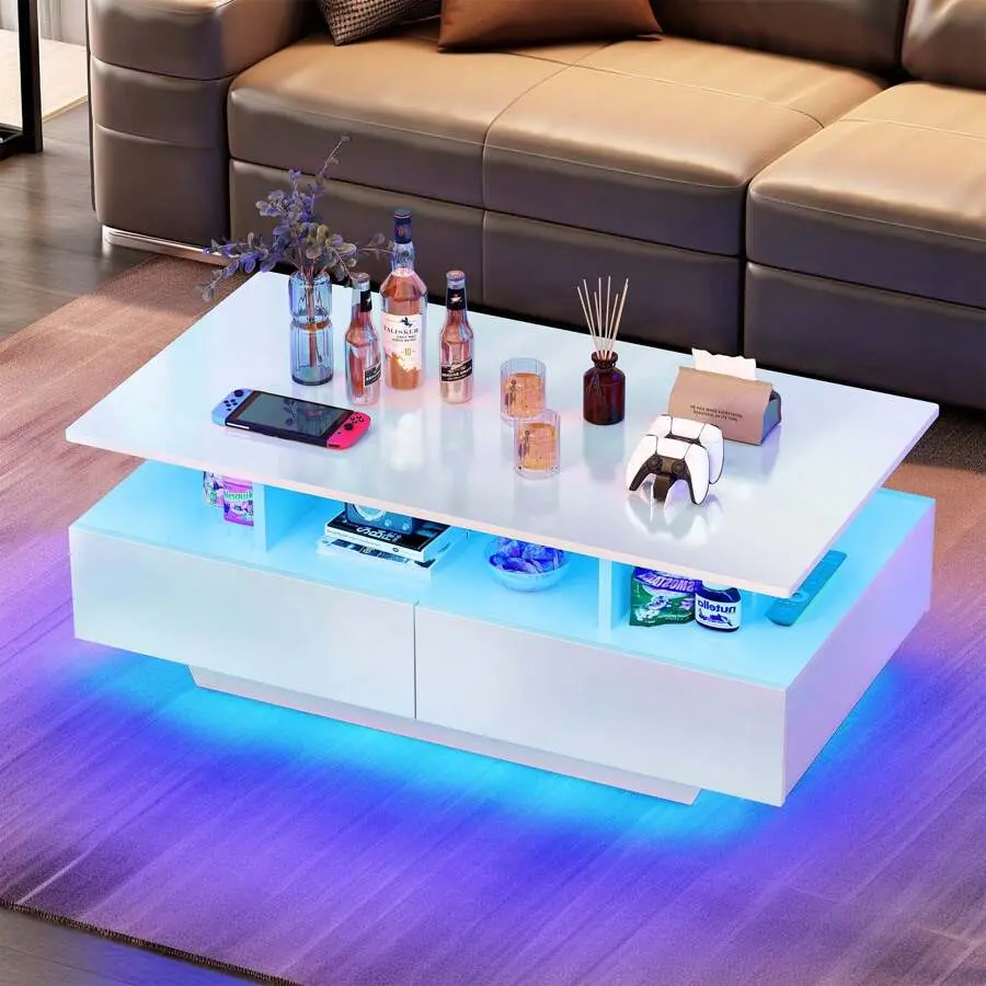 Modern Gloss Rectangular Block Coffee Table with LED Lights, 4 Drawers - Indoor Living Room Center Furniture