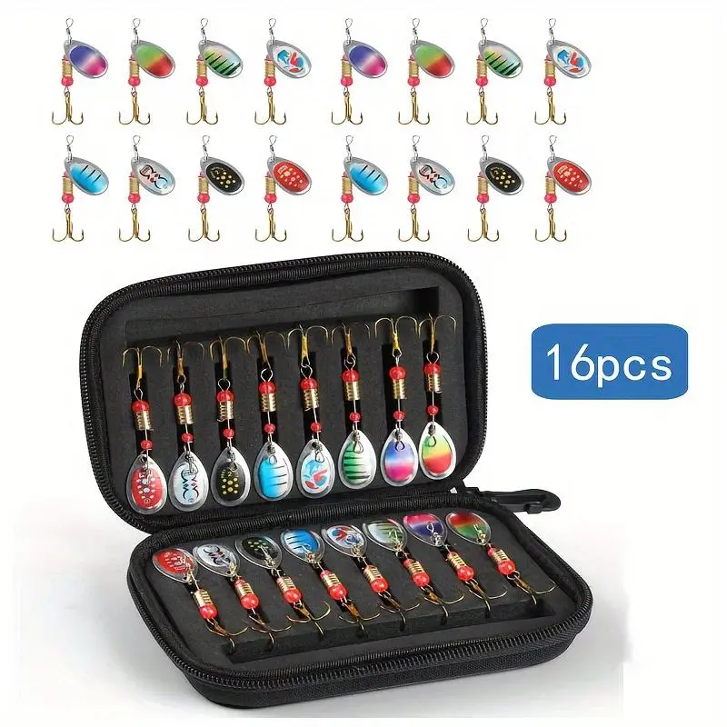 16Pcs Metal Spinner Set With Feather Treble Hooks EVA Lure Bag Trout Bass Salmon Pike Spoon Combo Fishing Spinner Kit with bag