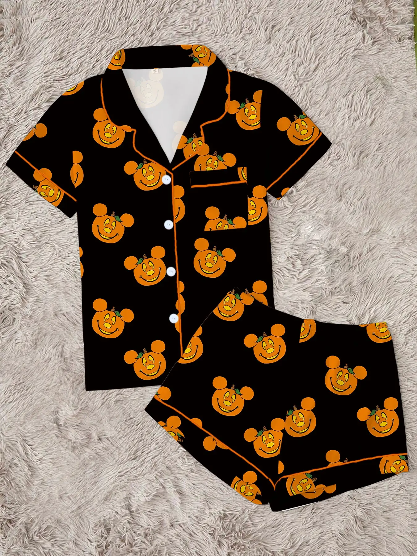 【Halloween】 Women's Halloween Cartoon Print Pajama Set, Cute Funny Sleepwear, Loungewear, 2-Piece Short Sleeve, Fitted, Above the Knee, All Seasons Gift