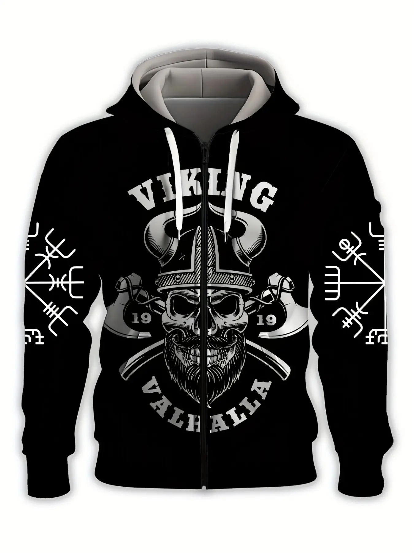 Men's Viking Skull Battle Axe Rune Print Zipper Hooded Jacket, Norse Mythology Pullover, Comfortable Breathable Fabric, Casual All Seasons Outer Vest