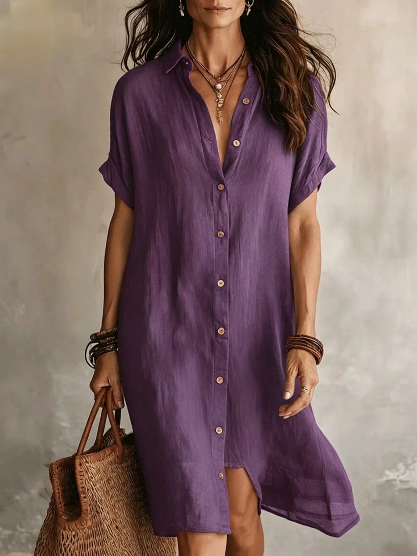 2026 New Arrival Women's Collared Shirt Dress, Fashionable Casual Midi Dress, Solid Color Short Sleeve Button Front, Comfortable Retro Style, 10 Colors Available
