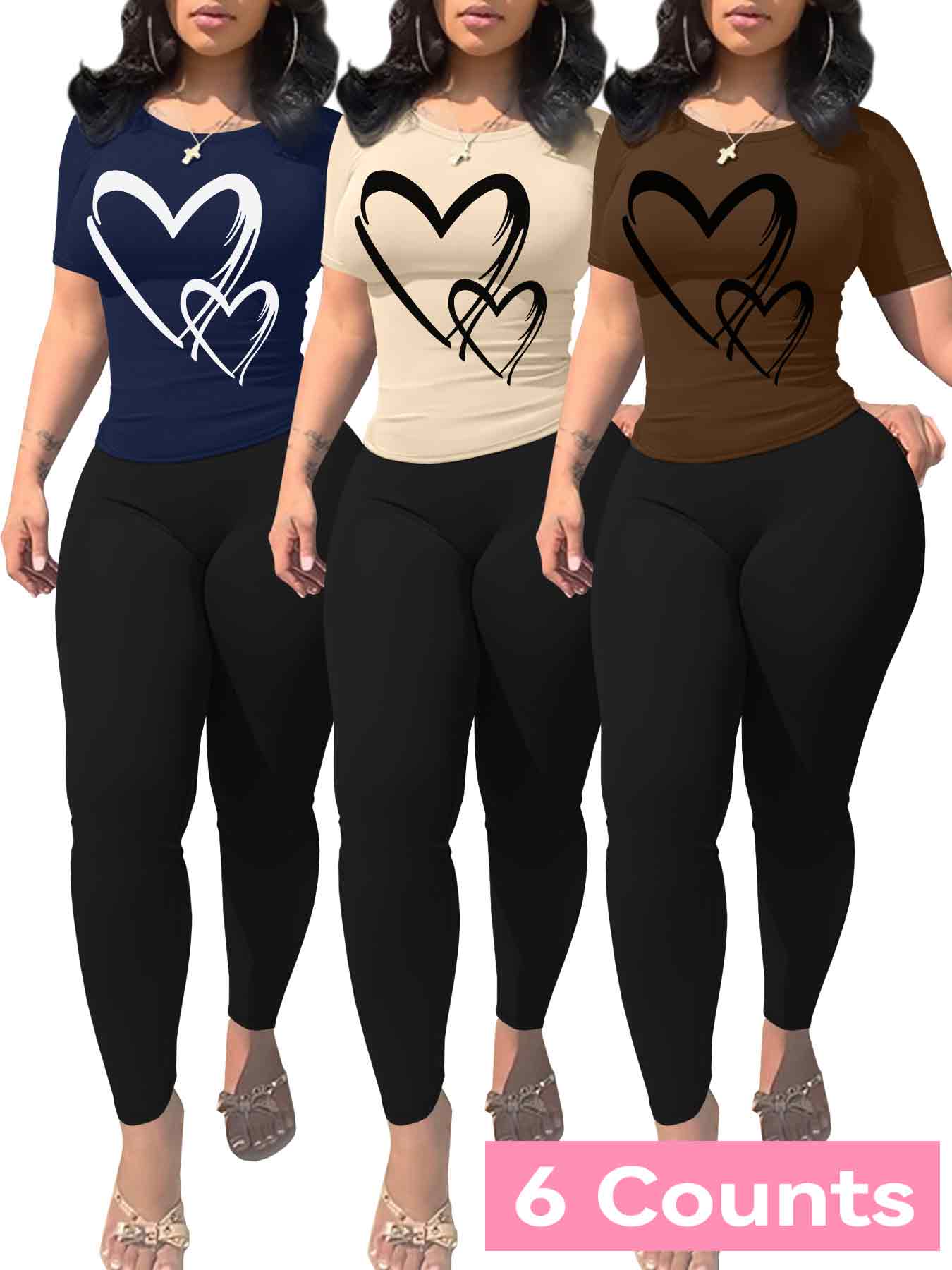 Women's Heart Print Crop Tee & Skinny Pants Set, Casual Short Sleeve T-shirt & Leggings, Ladies Summer Everyday Clothes for Daily Wear, Fit, Womenswear, Polish