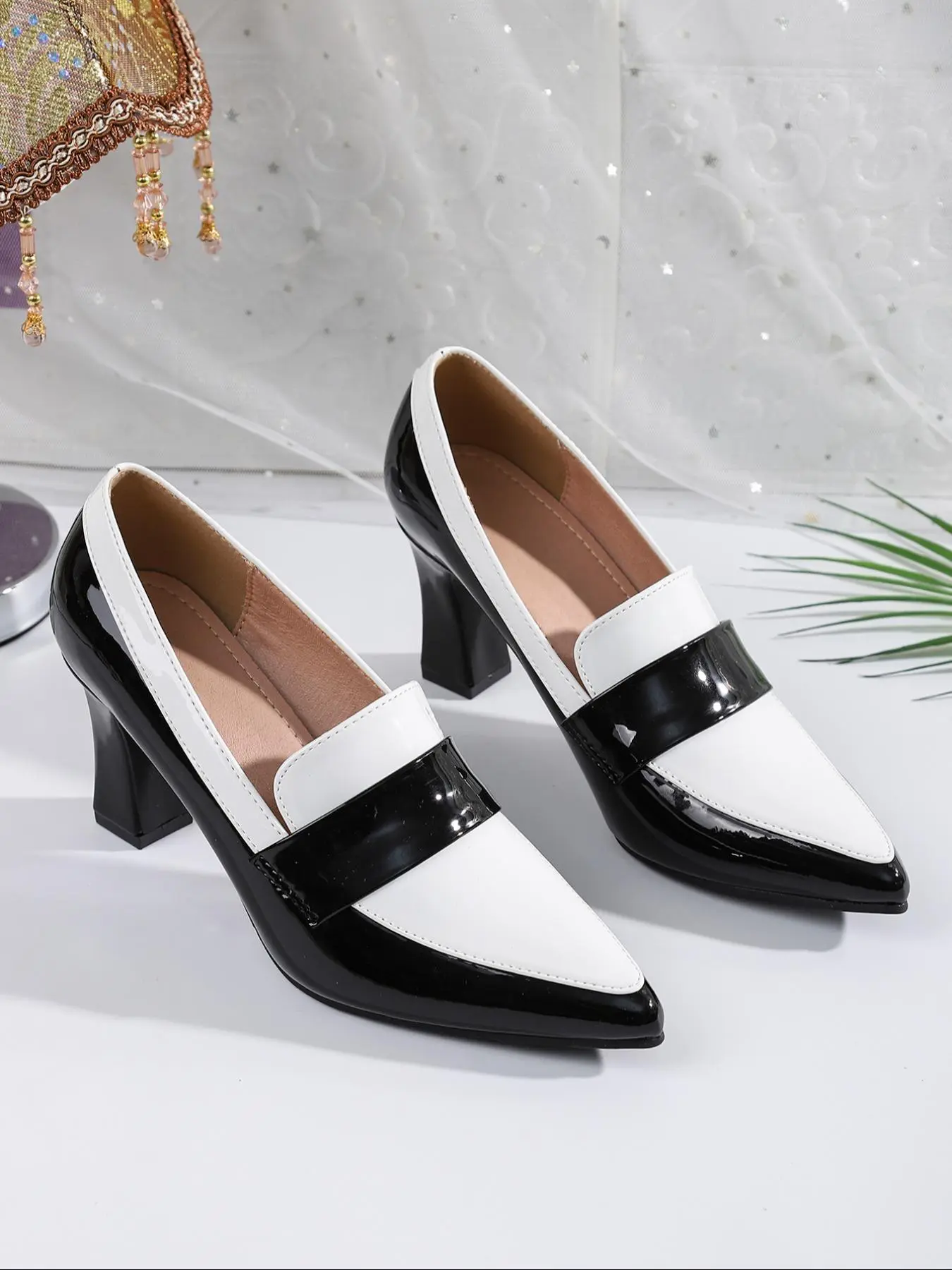 Women's Colorblock Pointed Toe Flare Heel Shoes, Artificial Leather High Heels for Office & Casual Wear, Comfortable All-Season Footwear