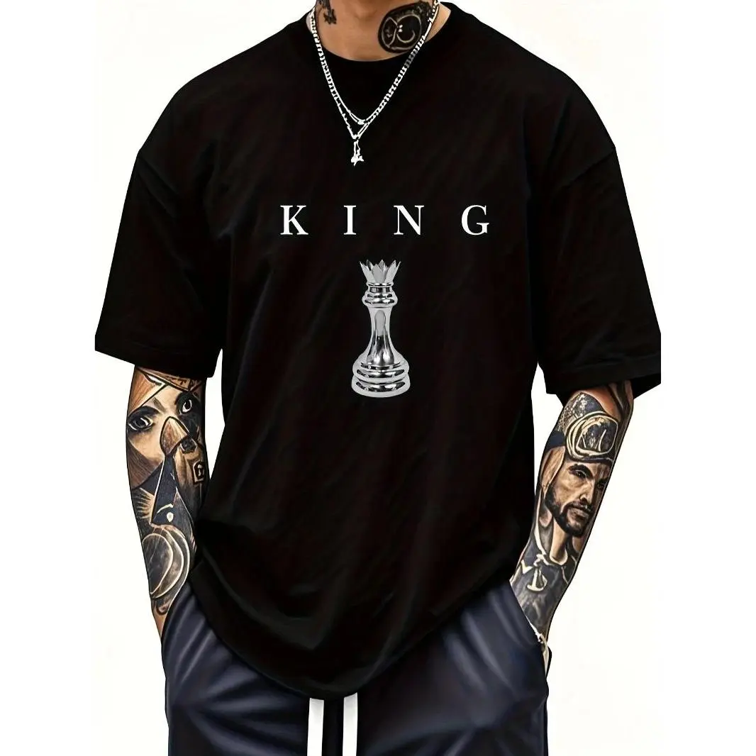 Men's T-shirt - Black with chess king print, casual short-sleeved crew neck top. Couple streetwear harajuku vintage t shirt good graphic tees