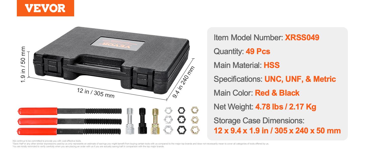 VEVOR Thread Chaser Set - 49-Piece UNC UNF and Metric Thread Restorer Tool Rethreading Tool Kit with 22 Taps 24 Dies 3 Thread Files Storage Case Heat Treated Steel for Mechanics DIY Enthusiasts