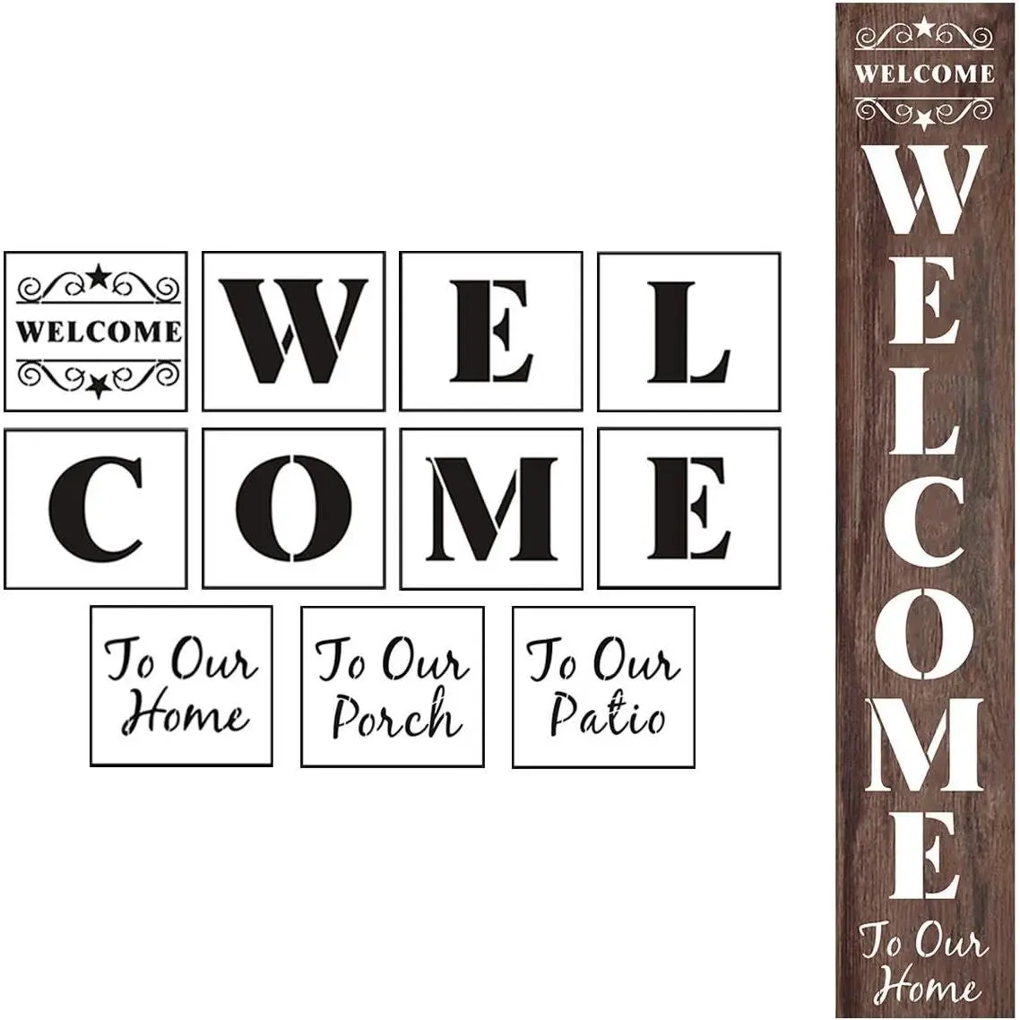 Welcome Stencils for Painting on Wood - 11 Pack Large Vertical Welcome Sign Stencil Templates for Wood Signs, Reusable Letter Stencils for Home, Patio, Porch Signs & Front Door Decorations