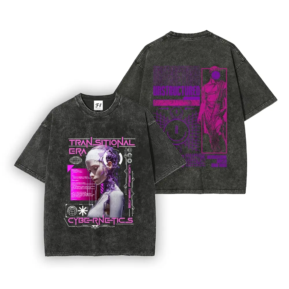 Double Sided Futuristic Purple Neon Cyber Female Robot Transitional Era Cybernetics Unstructured Statue Tech Frame Print Acid Washed Vintage Oversized Tee Unisex Loose Y2K Cyberpunk Graphic Casual T Shirts Multi Colors for Men Women Alt Goth Streetwear Gi