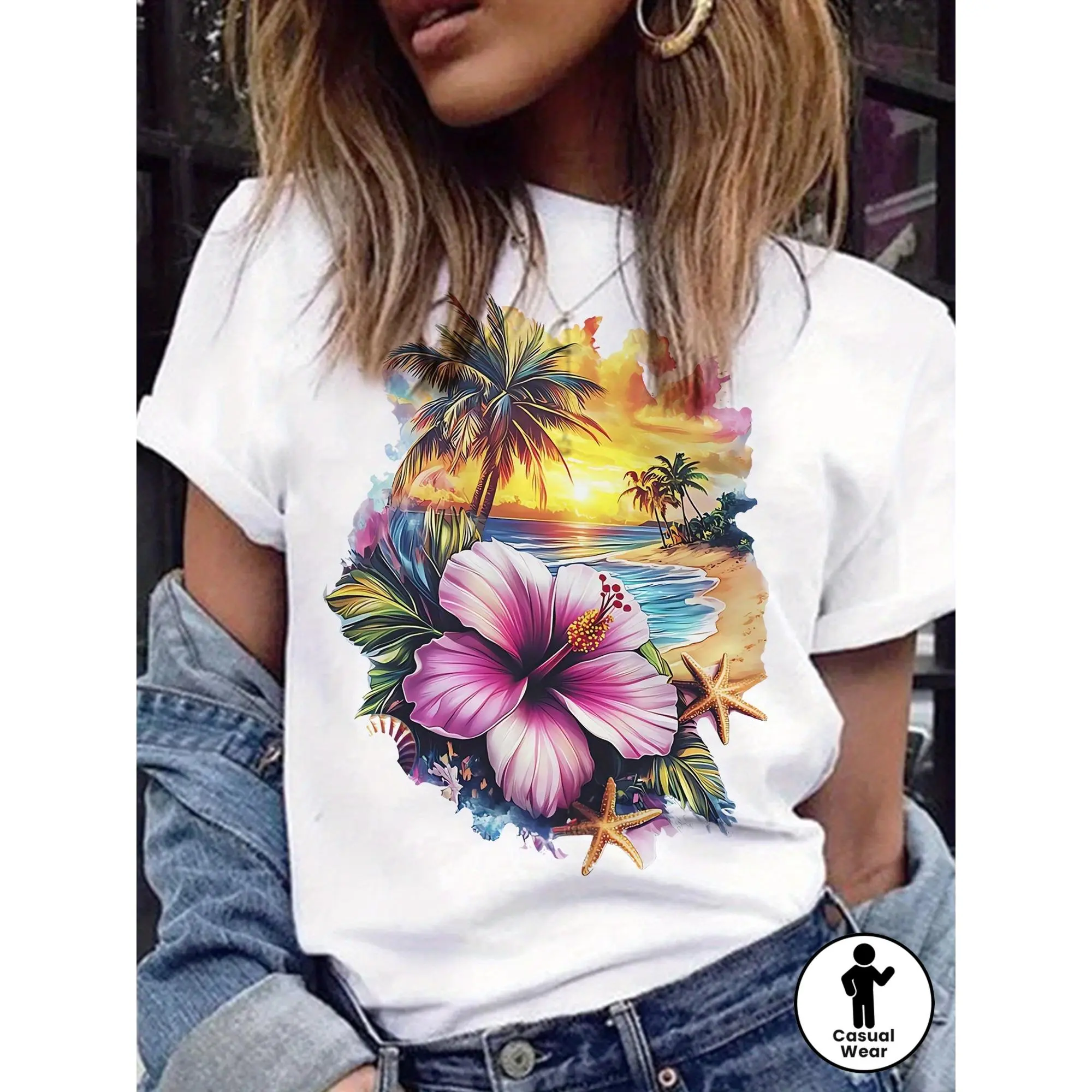 Women's Hibiscus Flower Print T-Shirt - Beach Sunset & Hawaiian Flower, Short Sleeve Crew Neck Casual Blouse for Summer Beachwear, Vacation Outfits & Casual Attire - Machine Washable Hawaiian Hibiscus Top