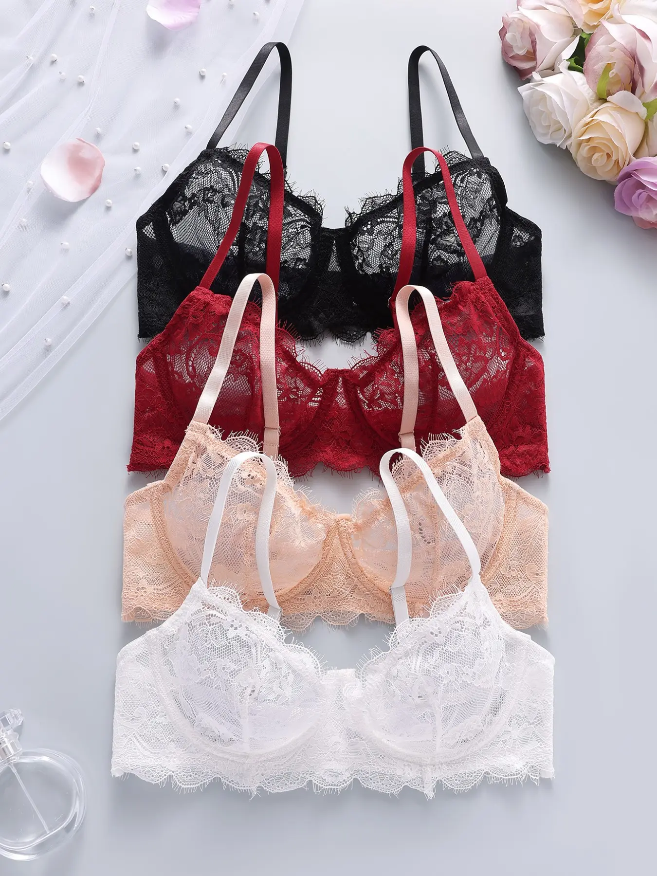 Women's French Lace Thin Steel Ring Push-Up Bra Set, 4 Pcs Daily Wear Bras, All-Season Comfortable Underwear for Women