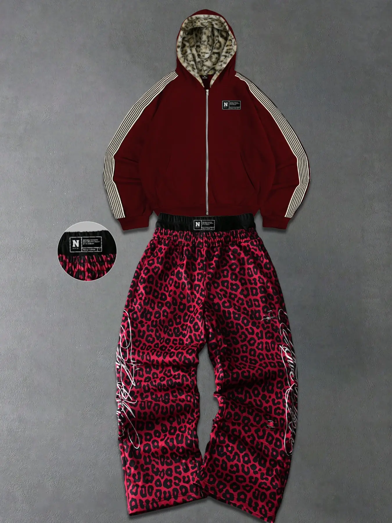 Trendy Vintage Hip Hop Two Piece Outfit Mens Side Stripe Zip Up Jacket with Faux Fur Leopard Lining Hood & Script Red Leopard Print Loose Track Pants for Winter Fall Street Style