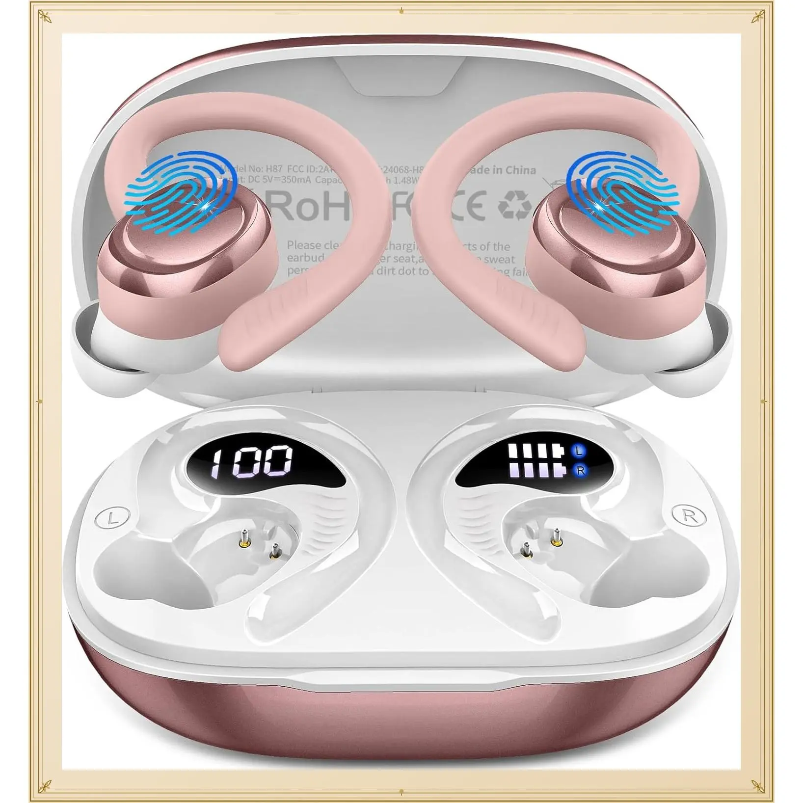 Wireless Earbuds Sport, Bluetooth 5.4 Headphones with Earhooks, 50H Stereo Deep Bass, 4 ENC Noise Canceling Mics, IP7 Waterproof Earphones for Running Workout Gym - PinkGift