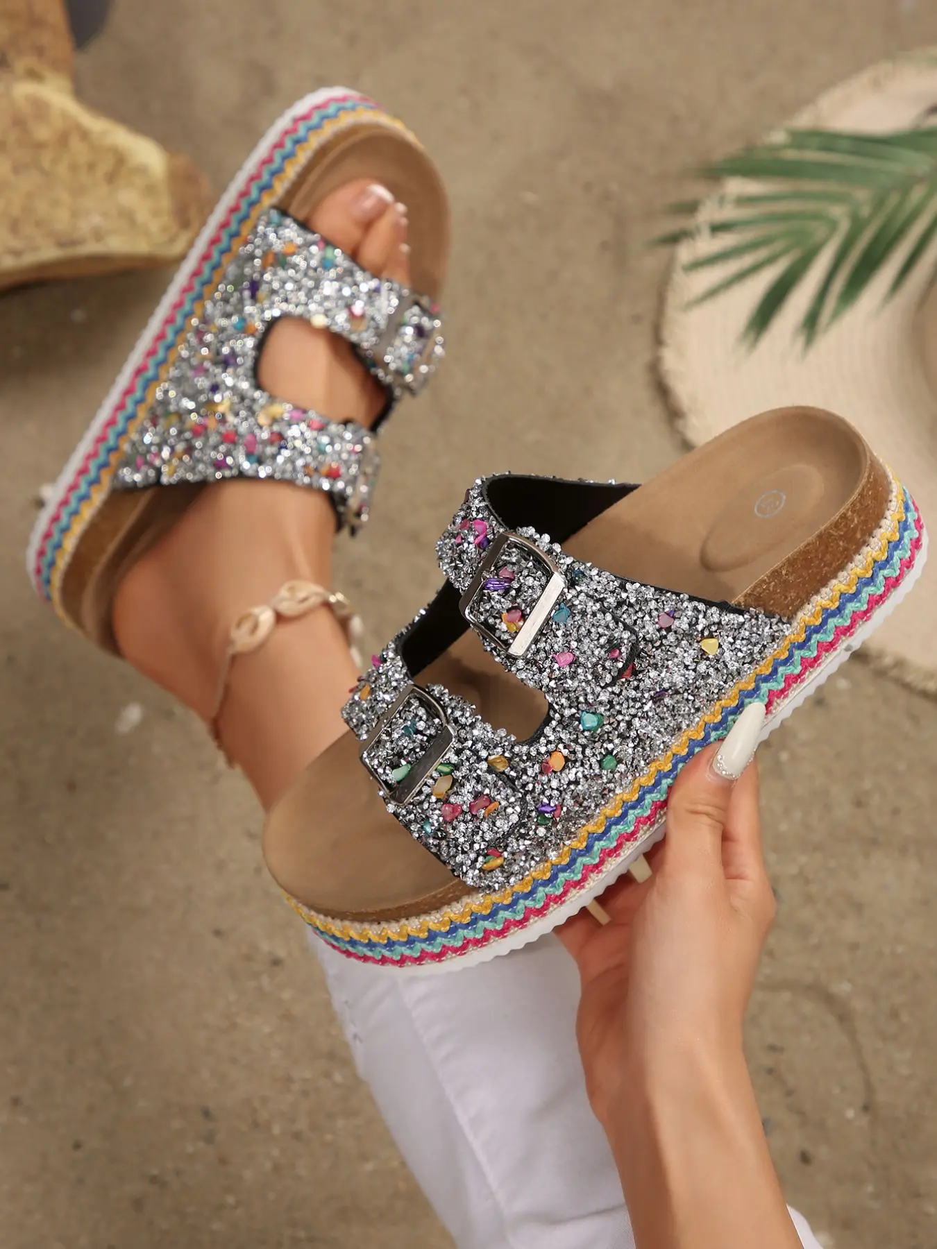 Glitter Flip Flops, Adjustable Buckle, Thick Sole, Rainbow Color Block, Lightweight, Summer Beach Shoes, Women's Casual Sandals, Footwear
