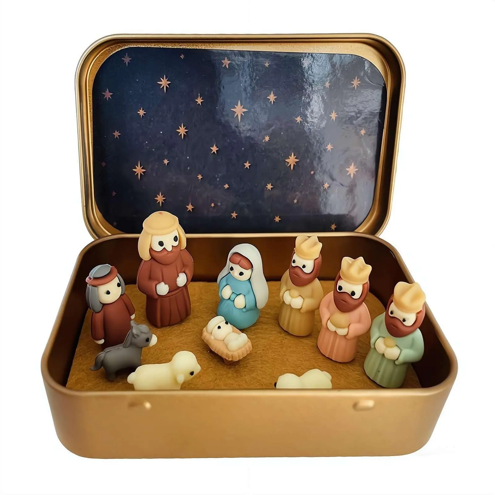 Mini Nativity Set in a Tin Box, Nativity Sets & Figures Miniature, Birth of Jesus with Holy Family Sheep and Jesus Figurines, Small Religious Scene for Indoor Tabletop Decor Gift Religious Decoration