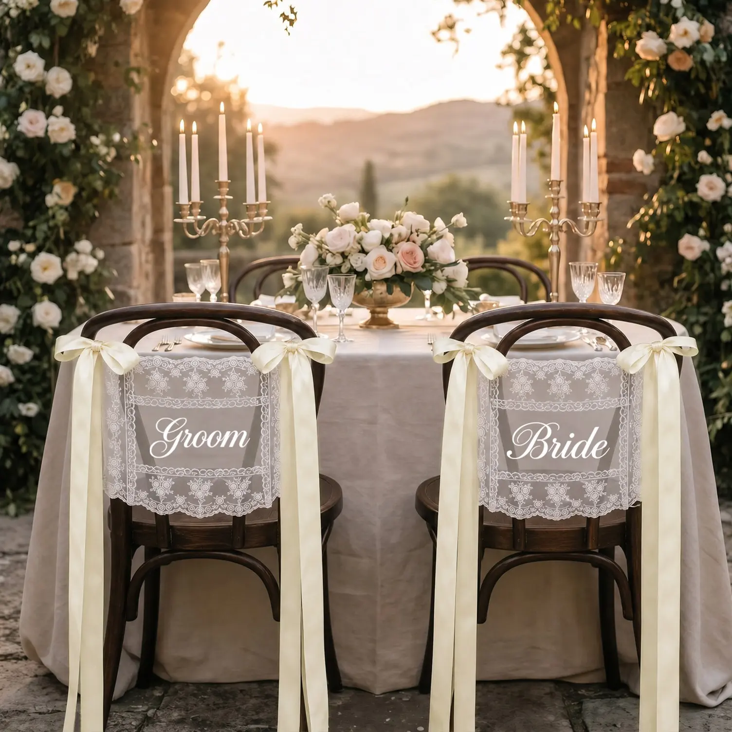 Just Married Wedding Chair Signs Set of 2, Two Elegant Lace Bride & Groom Chair Back Decor with Ribbon, Mr & Mrs Sweetheart Table Decoration for Wedding Ceremony Reception