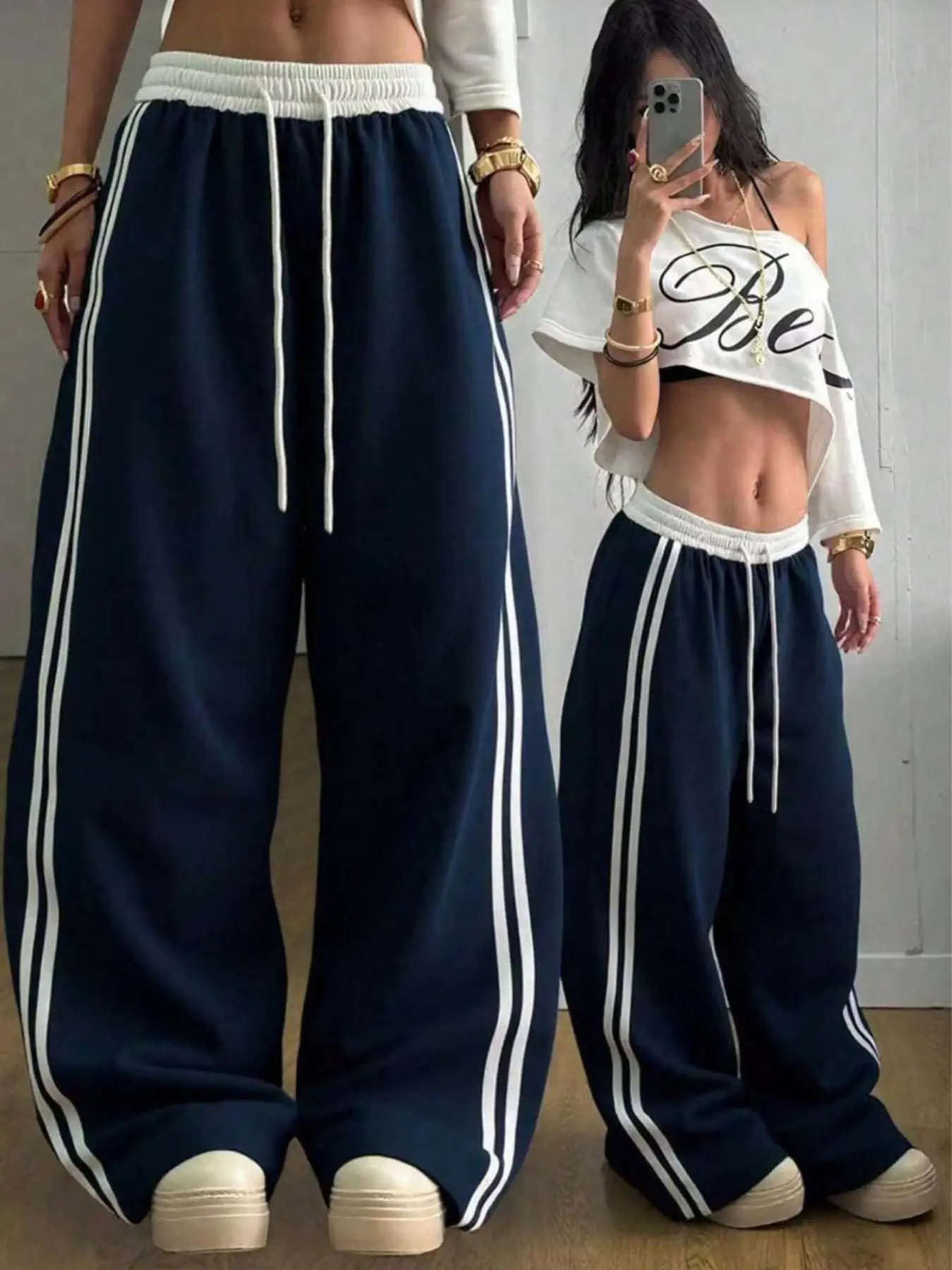 Women's Loose-Fitting Wide-Leg Leisure Sweatpants with Retro New York Print, Striped Casual Sports Pants for All Seasons, Ideal for Outings and Campus Wear