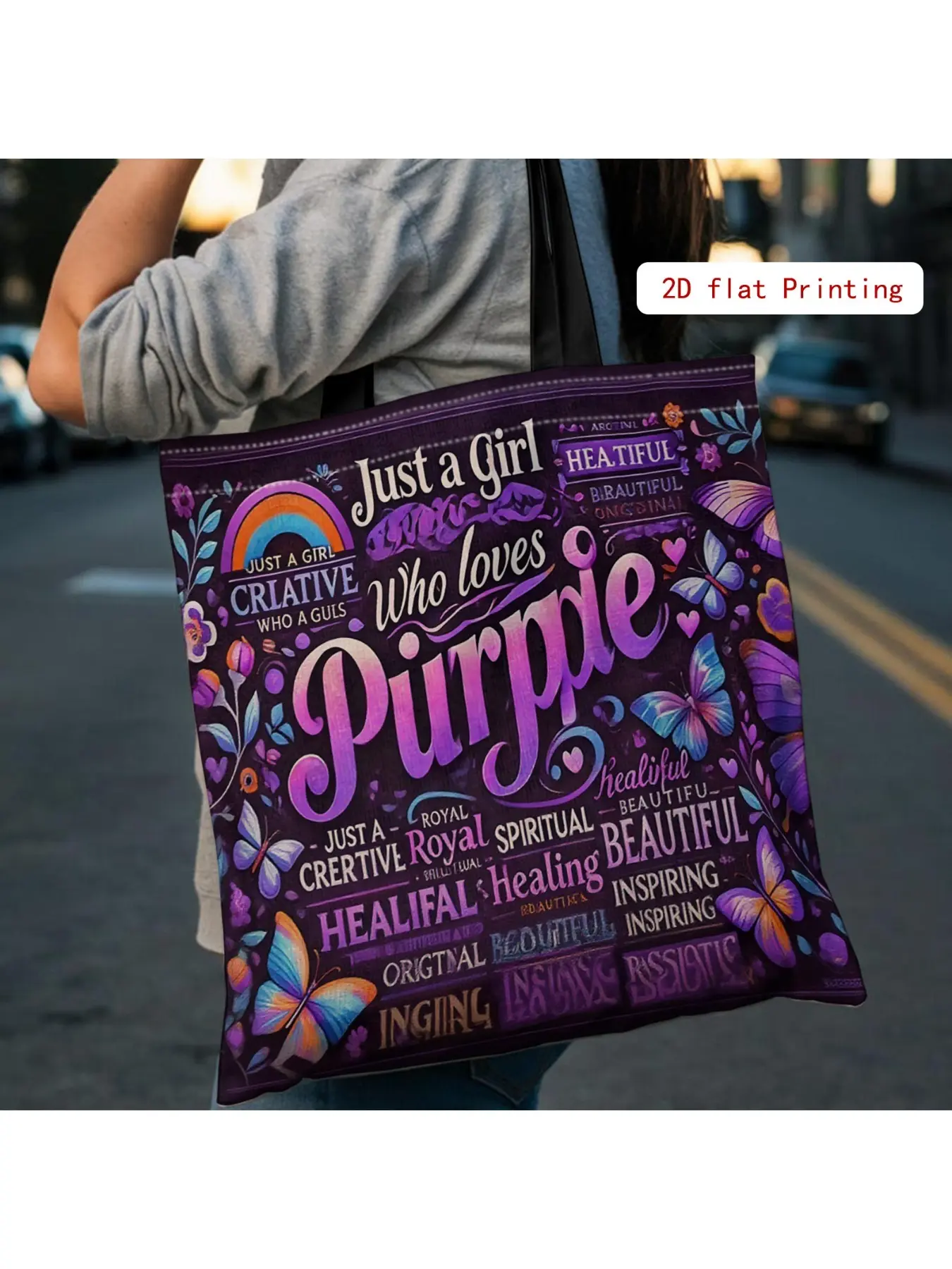 Women's Purple Butterfly & Positive Affirmation Tote Bag - Large Capacity Handbag with 2D Floral Print, Motivational Phrases, Fixed Shoulder Strap for Work, School, Shopping - Stylish & Functional Gift for Women, Casual Everyday Bag