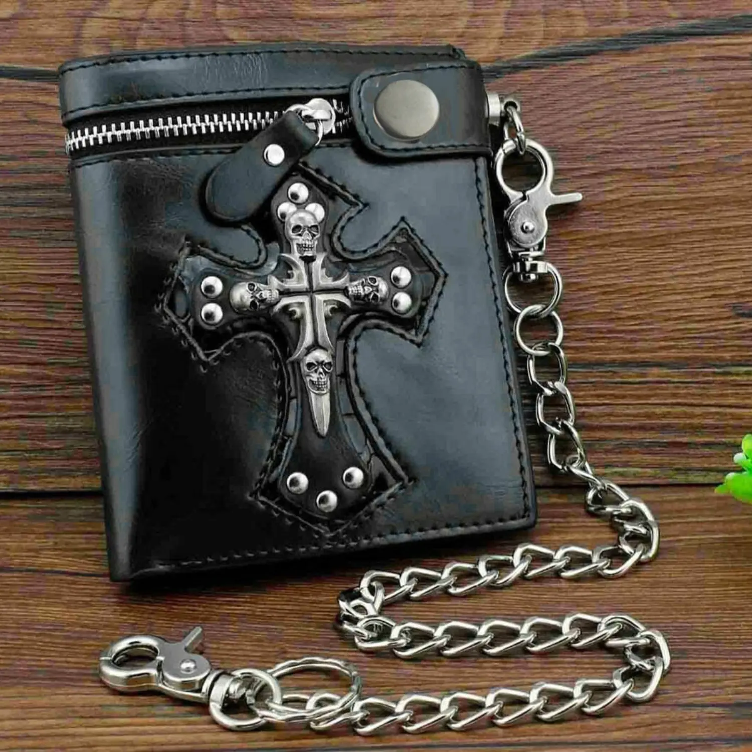 Men's Black Leather Punk Skulls Cross Compact Wallet with Zipper, Chain, Anti-Theft Card Holder - Gothic Street Style for Casual Wear