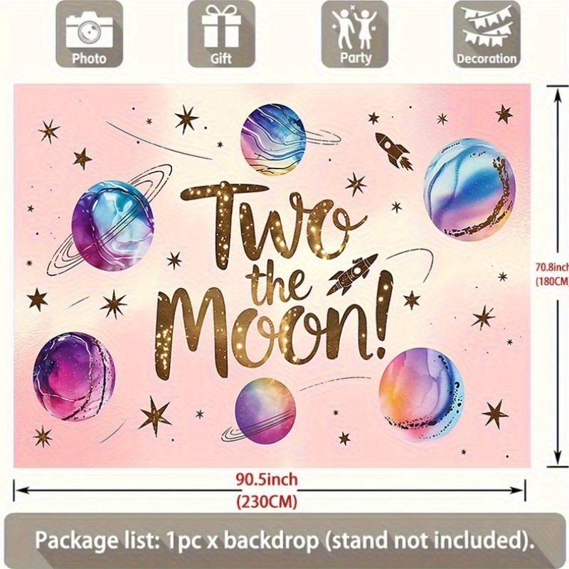1pc Two the Moon! Birthday Party Banner - Vibrant Pink with Golden Glittery Text, Planets & Stars Design - Durable Polyester Backdrop for Classroom, Office, Photo Booths & Home Decor - Perfect for Second Bir