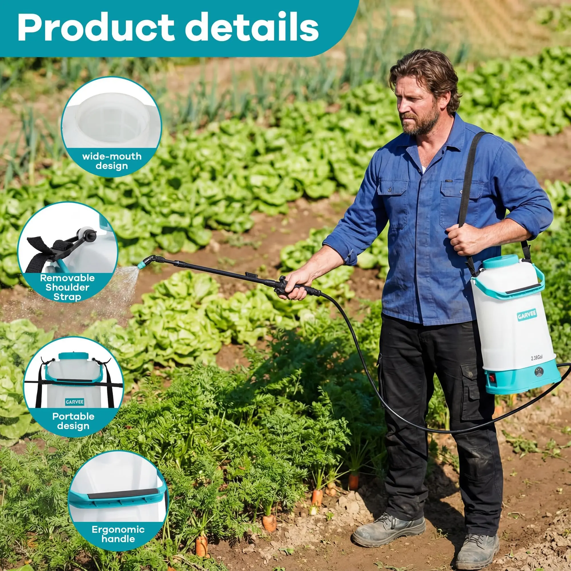 2.38 Gallon Battery Powered Garden Sprayer - Adjustable 0-60 PSI Pressure - Wide Mouth, 12V 2Ah Rechargeable Battery, Nozzle & Wand, Adjustable Shoulder Strap - Electric Lawn and Plant Sprayer for Yard and Weed Control