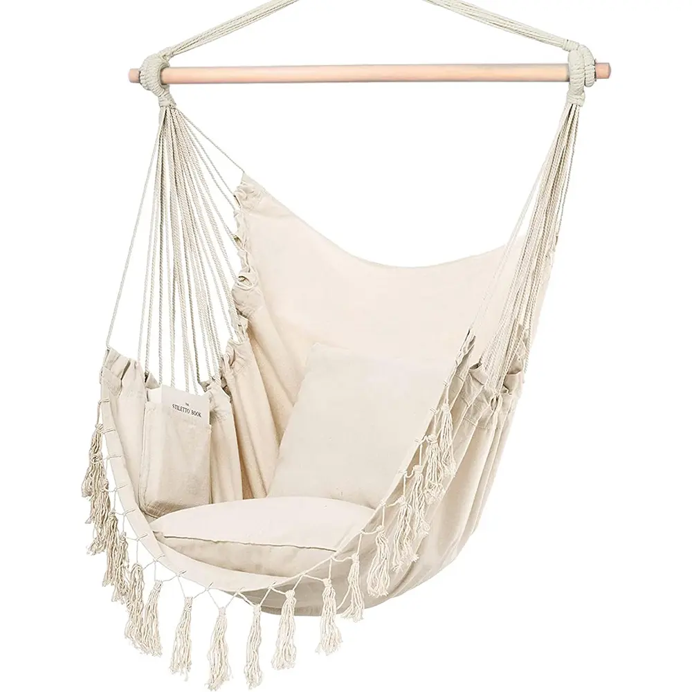 Cotton Rope Macrame Hammock Chair with 2 Pillows, 500lb Capacity, Sturdy Pocket Design, Portable for Garden Indoor-Outdoor Use, Kids-Friendly Sports & Outdoor Hanging Swing