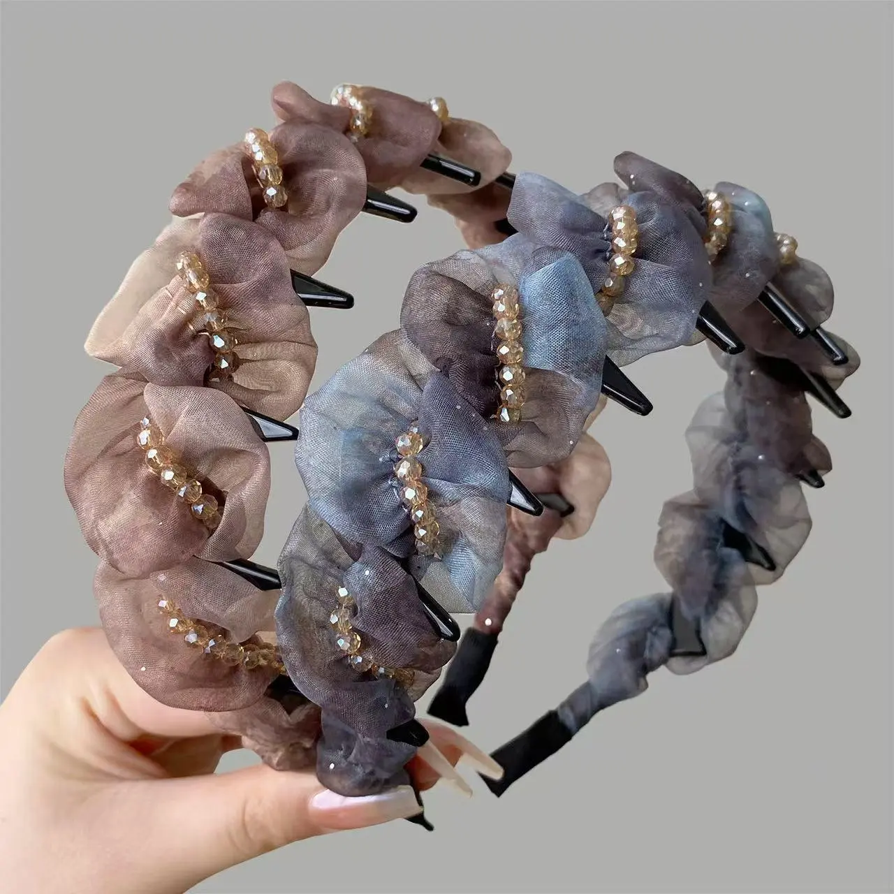 Gradient Tulle Crystal Bead Ruched Anti Slip Teeth Headband Sheer Mesh Hair Hoop Women Fairy Date Party Photography Hair Accessory, Party Wear, Bling Hair Fashion, Boho Hair