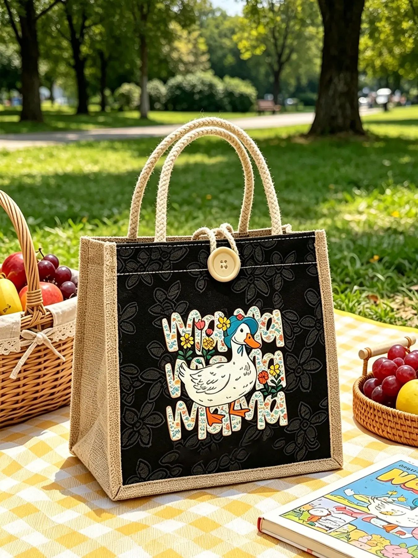 Cute Duck Pattern Handbag, Canvas & Linen Makeup Bag, Unisex, Perfect Gift for Friends, Ideal for Parties & Outings, All Seasons