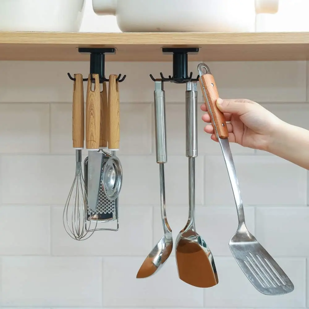 2PCS Under Cabinet Hooks, 360 °Rotation Kitchen Hooks for Utensils,storage shelf rv must haves,Nail Free Adhesive Kitchen Utensils Hanging Hooks for Kitchen Utensils/Tools/Towel/Knife (Black)