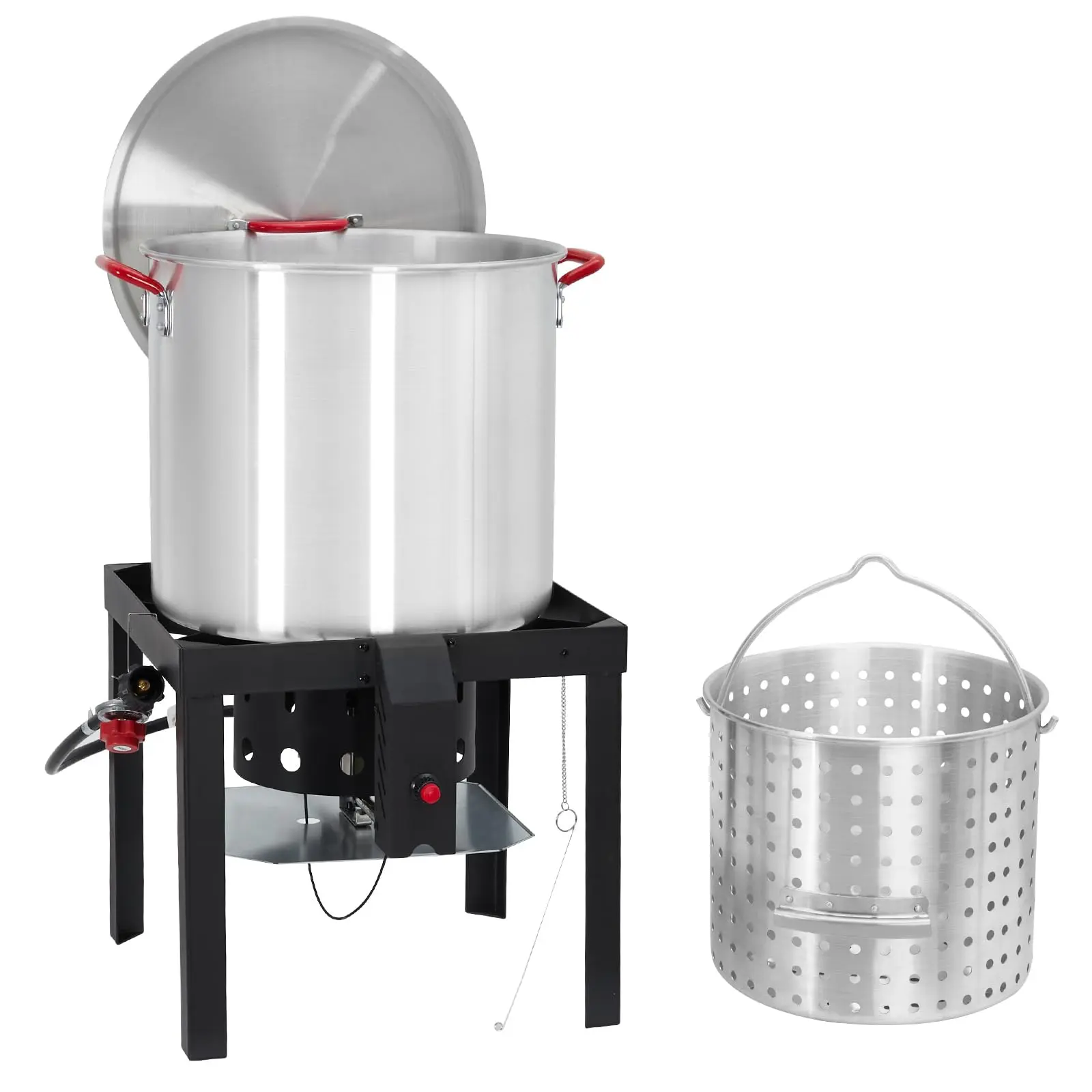60 QT Aluminum Seafood Boil Pot with Perforated Basket, 110,000 BTU Propane Burner with Electric Ignition, Black Steel Stand