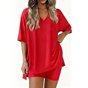 Aesthetic & Cozy! Women's Two-Piece Pajama Set - Oversized V-Neck Tee and High-Waist Biker Shorts Matching Lounge Set - Super Soft Stretchy Everyday Home Wear