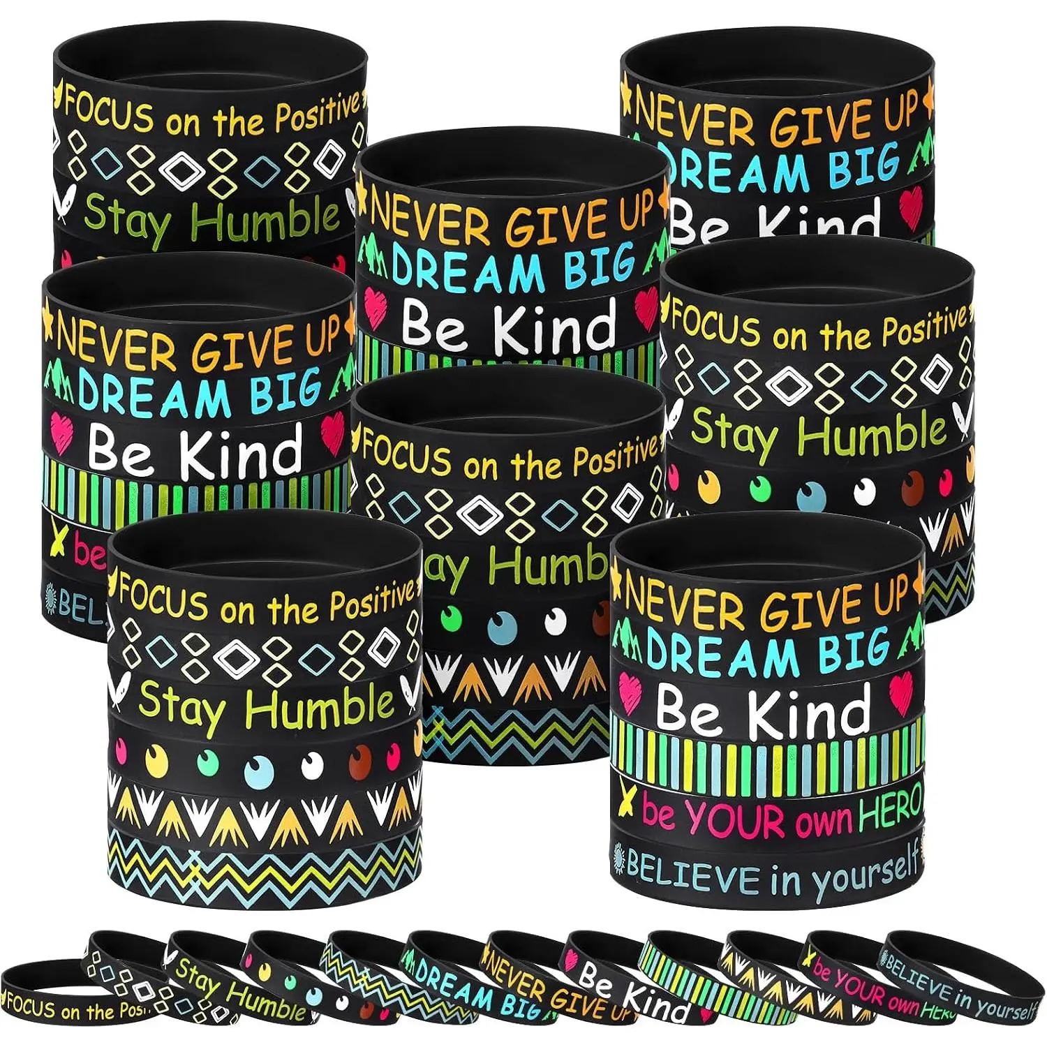 Unisex Elastic Rubber Wristbands, 48-Count Inspirational Print Bracelets with Motivational Quotes, 1-Size-Fits-All School Office Gifts for Teens, One-Size-Fits-All