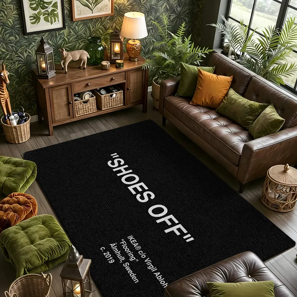 Black Base SHOES OFF Letter Trendy Flannel Entryway Rug Indoor Mat #SHOESOFFLetterFashionRug #VirgilAblohCooperationMat #FlannelCarpet #StreetTrendyEntranceDecor