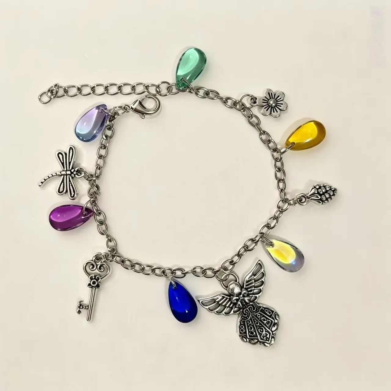 Unisex Handmade Charm Bracelet - Titanium Alloy Chain Jewelry Bracelets & Bangles with Multiple Charms (Colorful Glass Teardrop, Angel, Key, Dragonfly, Small Flower) and Niche Look, Casual Wear