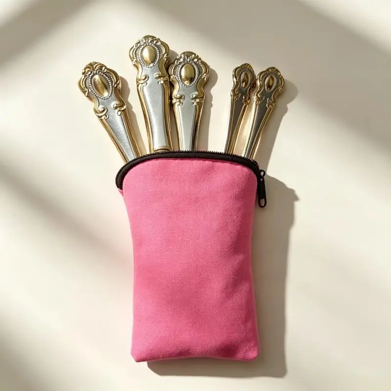 European Vintage Gold-Plated Stainless Steel Cutlery Set, 304 Stainless Steel Fork Knife Spoon, Zipper Bag, Portable Dining Kit